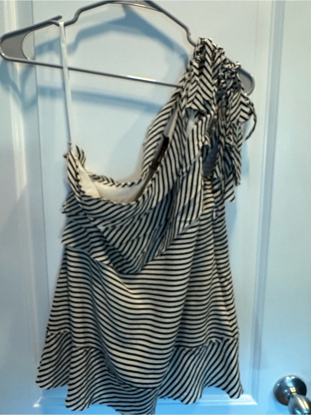 BCBG Black/White Striped One-Shoulder Ruffle Top
